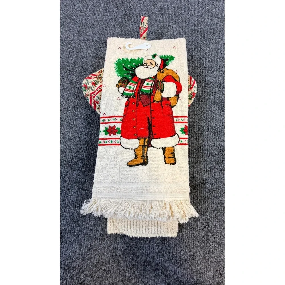 Vintage Franco Christmas Santa 3 Piece Kitchen Towel Dishcloth Potholder Set